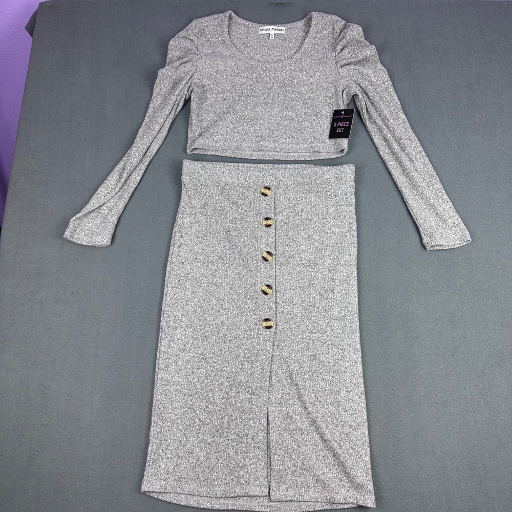 Almost Famous Womens Grey Ribbed 2 Piece Set Crop Top Midi Skirt XL NEW